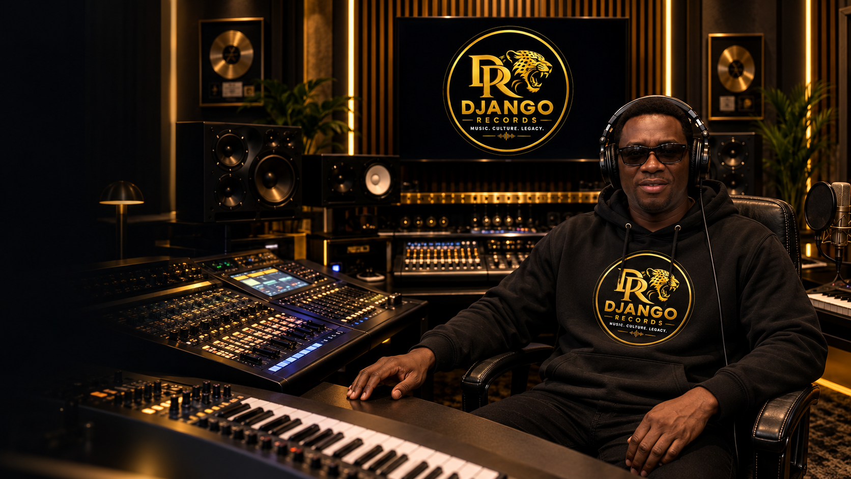Django Records producer wearing a black and gold hoodie in the studio